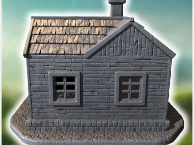 Wooden house with a chimney intact walls and a covered entrance  3D print model
