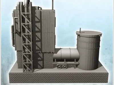 Brick industrial plant on platform with auxiliary tank and pipes 3D print model