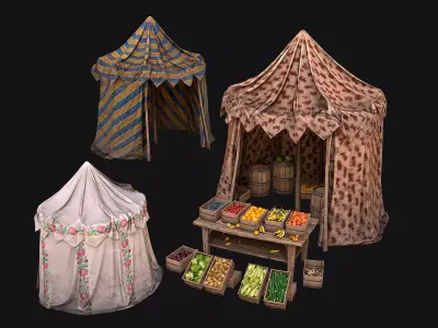 Medieval Market Stalls Cylindrical Tent Fruits Vegetables Low-poly 3D model