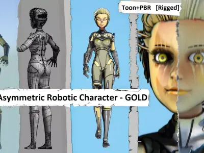 Asymmetric Robotic Character GOLD Low-poly 3D model