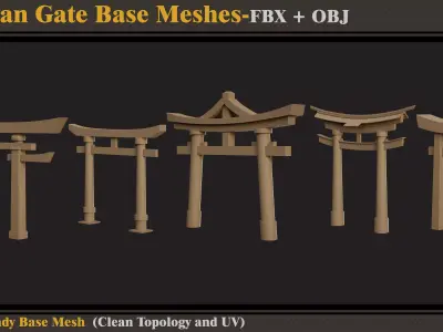 15 Asian Gate Base Meshes- FBX -OBJ  3D model