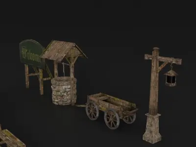 OLD MEDIEVAL PROPS ASSET AND GROUND TILEABLE Low-poly 3D model