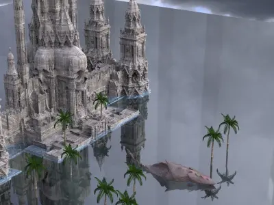 Pirate Aztec Treasure Island main temple with Fantasy shark 3D model