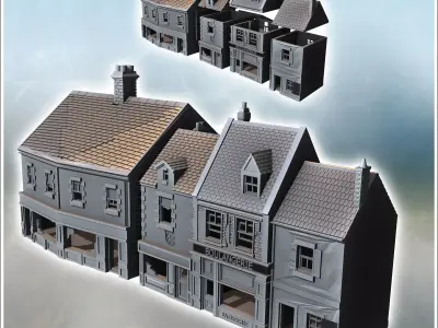 Set of four modern buildings with French bakery and ground-floor 3D print model