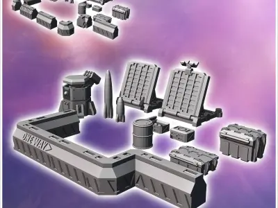 Set of futuristic Sci-Fi fortifications with barricades missiles 3D print model