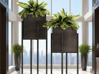 Modern Plant Stands 3D Tall Metal Pedestal Pots Greenery Low-poly 3D model