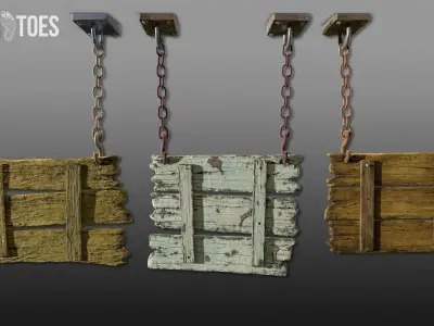 3-Tier Wooden Hanging Signs - Game Ready Low-poly 3D model