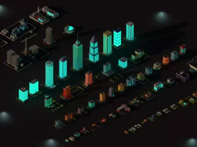 Cartoon Low Poly Night City Buildings Pack Low-poly 3D model