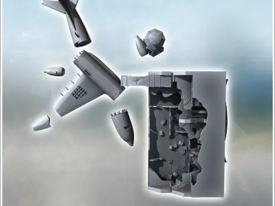 Destroyed modern airport with control tower and plane wreckage 1 3D print model