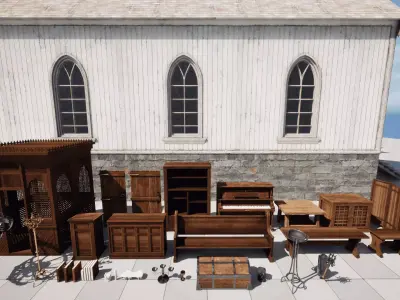 Cozy Gothic Church Full Interior Environment 25 Props Low-poly 3D model