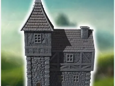 Towered medieval building with a wooden balcony stone base and s 3D print model