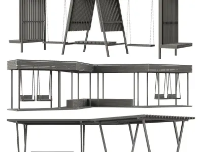 Set of pergolas gazebos canopies with swings benches 3 3D model