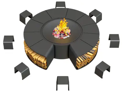 Fireplace circular fire pit with chairs 3D model
