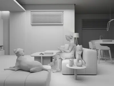 Modern Open Kitchen Cum Living Room 3D model