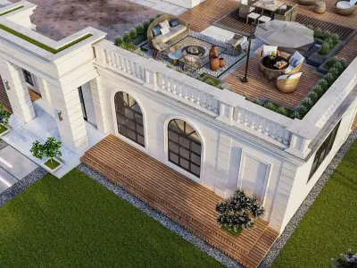 Neoclassical House design with roof top landscape 3D model