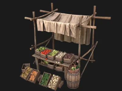 Medieval Market Vegetable Stalls Tent Pack Low-poly 3D model