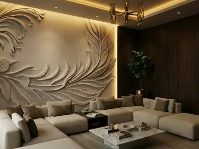 Modern feather Relief Panel Wall Decor Set STL Mural CNC 351 3D model