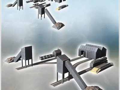 Industrial railway complex with sheds for trains locomotives and 3D print model