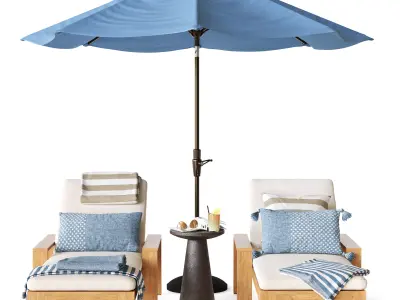 Malibu teak chaise longue with umbrella 3D model