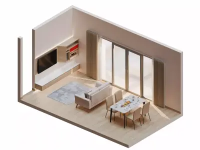 Isometric Dining Living Room Wood Theme 3D model