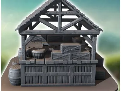 Wooden market stall with barrels crates and a slanted roof displ 3D print model