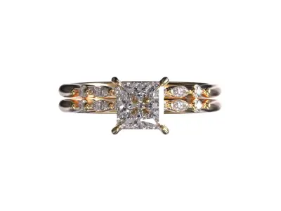 Princess Cut Diamond Split Shank Ring in 14K Yellow Gold 3D print model