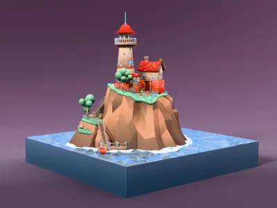 Cartoon low-poly lighthouse on a rocky island Low-poly 3D model