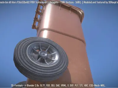 Brown plastic waste bin 60 liters 936x550x482 Low-poly 3D model