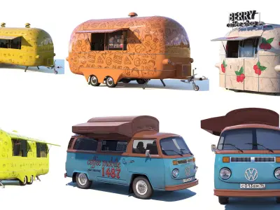  Street food and coffee  trucks 3D Model Pack