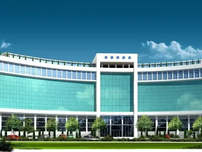 hospital office building in middle of grassy field 3D model