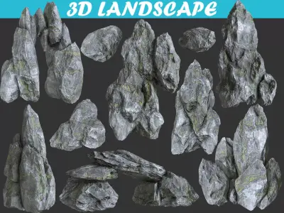 Low poly Gray mossy rock Low-poly 3D model