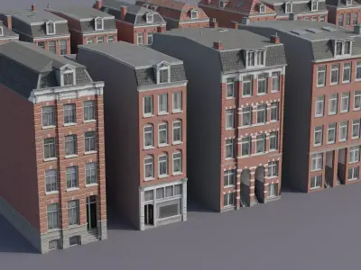 Netherlands Dutch Style Traditional Brick Row Houses Set Low-poly 3D model