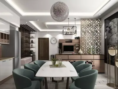 Full detailed Living room hall with kitchen interior scene 3D model