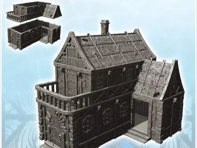 Medieval house with terrace large door and thatched roof 11 - Me 3D print model