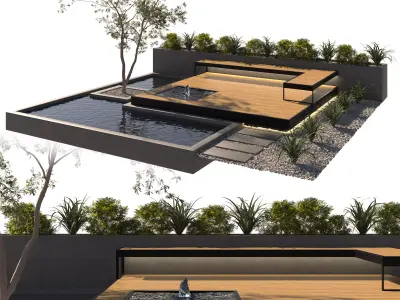 Landscape Backyard with Pool and Furniture 3D model