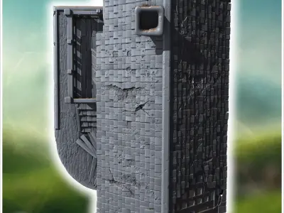 Damaged two-story wooden building with collapsed balcony broken  3D print model