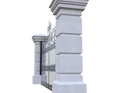 Classic Wrought Iron Entrance Gate 3D Model with Stone Columns Low-poly 3D model