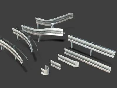 Modular - Road safety barrier kit - 3D VR  AR  game ready  Low-poly 3D model