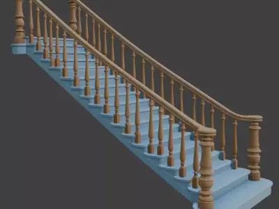 Light Blue Wooden Staircase with Ornate Balustrade PBR 3D Model 3D model