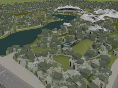 Large Urban Sports Park Masterplan with River and Domes 3D model