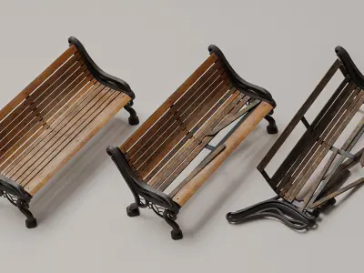 Set of 3 Old Park Benches Intact Damaged and Broken PBR Low-poly 3D model