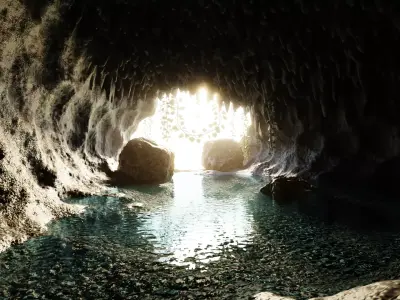 Cave V9 - Rocky Cavern with Water Feature and Vegetation 3D model