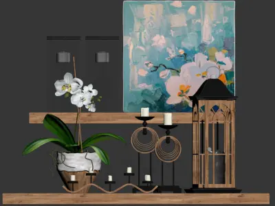 Decoration set wooden shelf with candles and potted plants 3D model