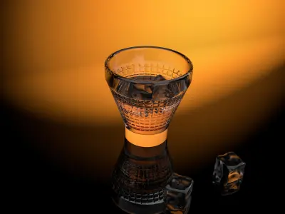 Square whisky bottle and glass with ice cubes 3D model