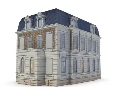 Old English Looking Building With Light Brick And Blue Roof 3D model