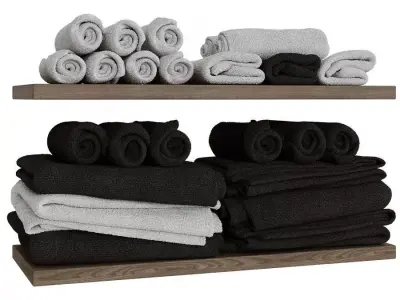 Towel set 2 wooden shelf with towels 3D model