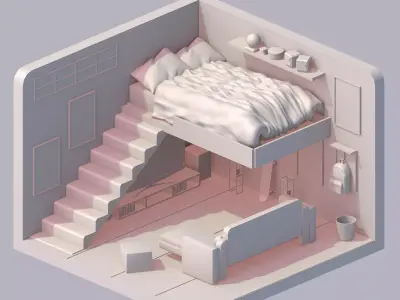Stylized Loft Bedroom Animated Scene Low-poly 3D model