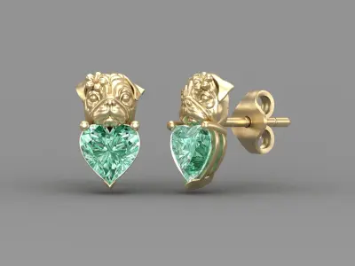 Pug Dog Stud Earrings with Heart Shaped Gems 3D Jewelry Design 3D print model