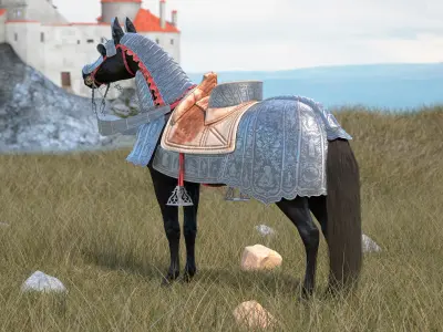  Black Horse in Used Medieval Armor Fur Rigged 