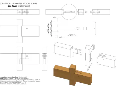 Sao Tsugi - 3 elements - Classical Japanese Wood Joint  Free 3D model